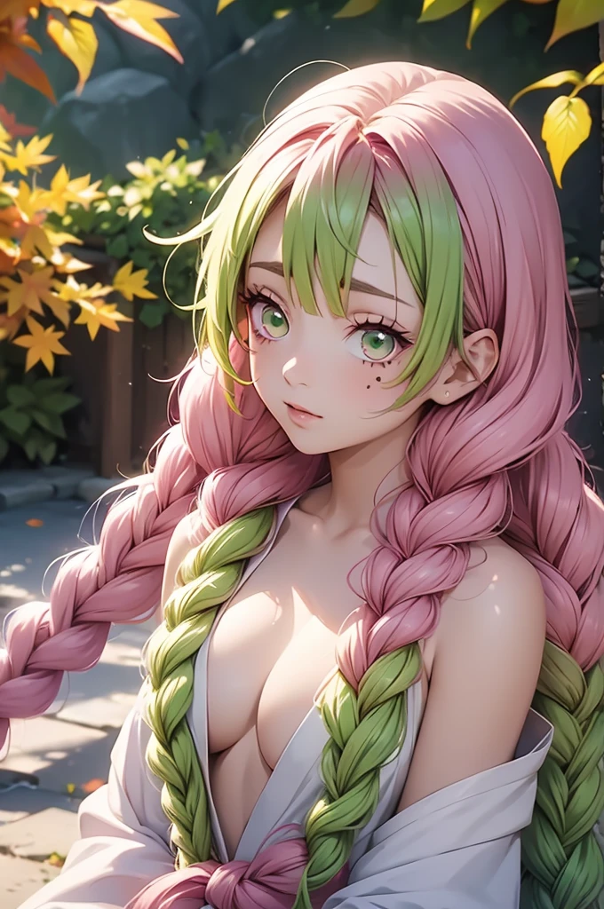 a digital painting of a woman with dyed pink hair and pink eyes, 1girl, solo, kanroji mitsuri, multicolored hair, green eyes, mole, pink hair, braid, green hair, sweater, long hair, gradient hair, mole under eye, looking at viewer, twin braids, breasts, parted lips, off shoulder, lips, sleeveless, autumn leaves, bare shoulders, autumn,mitsuri(demon slayer)