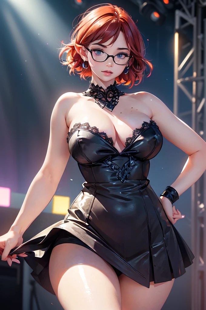 
(large breasts 1.4), beautiful elf woman, ((Short Red Hair: 1.6, straight with shine)), bright blue eyes, bright eyes, double eyelids, light effect on eyes, detailed irises,  body, shines in a stunning black lace dress with a seductive neckline, short flowing skirt, strapless, sleeveless, black high heels ((work of art, hyper-realistic, hyper detailed, Best quality, 16k, light and shadow on skin, vivid colors), eyeliner, Thin eyebrows, Sensual expression, perfect pouty lips, innocent and sexy mature face, ((skin with light and shadow) flirting with the viewer, lots of freckles, full lips, extreme blush, smile, ((dancing on stage at dance club with lights surrounding)), fingertip resting on lower lip,  late at night, rays of light, masterpiece, wearing glasses