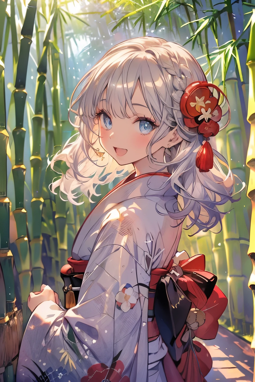 (Best quality,4K,8K,High resolution,Masterpiece:1.2),Super detailed,(Actual, Realistic),highly detailed, top quality, soft skin,Portrait,
break,
((clear blue eyes:1.2)),smiling eyes,beautiful eyelashes,beautiful lower eyelashes,
break,
((Beautiful and shiny silver hair:1.3)),A dazzling smile, a bursting smile, an open mouth laugh,
break,
very happily,
break,
((kimono:1.3)),
break,
((Bamboo forest road in Kyoto:1.3))