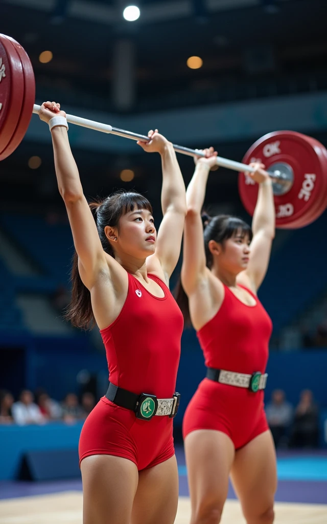 Women&#39;s Olympic weightlifting，Red outfit，Weightlifting belt，full-body shot，Panoramic vistas，Wide-angle lens，2 Japanese girl，cute，muscular，Fair skin，The facial features are delicate，Beautiful sexy face，snatch，clean and jerk，With all your strength，Raise the barbell，Olympic indoor venues as background