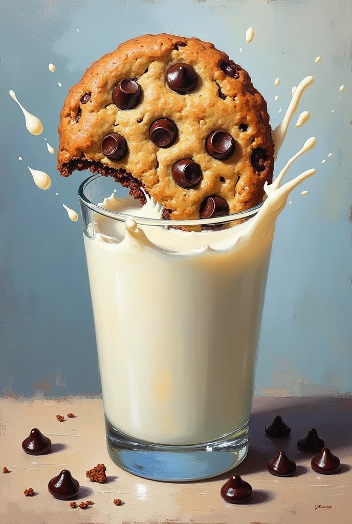 An expressive oil painting of a chocolate chip cookie dipped in a glass of milk, represented as an explosion of flavors
