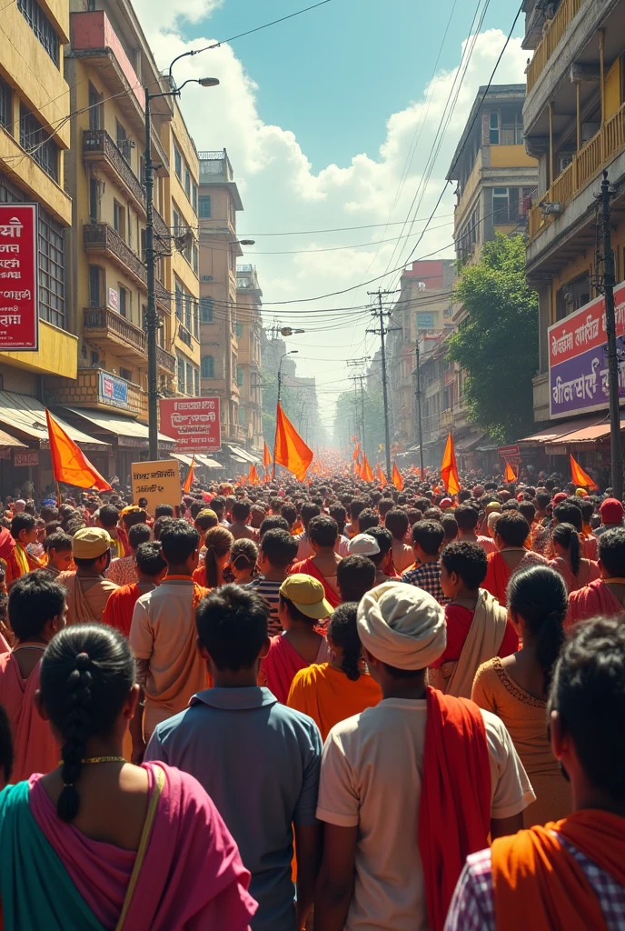 Indian crowd are walking on road with banner