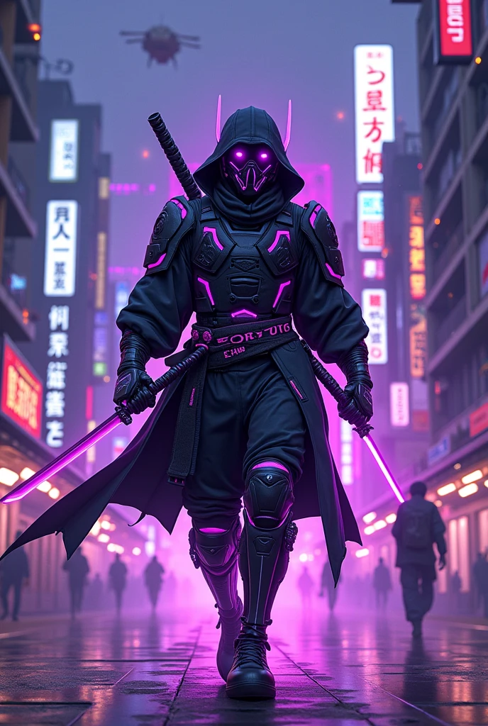 Create a cartoon image of a cyberpunk samurai in Tokyo with purple lights