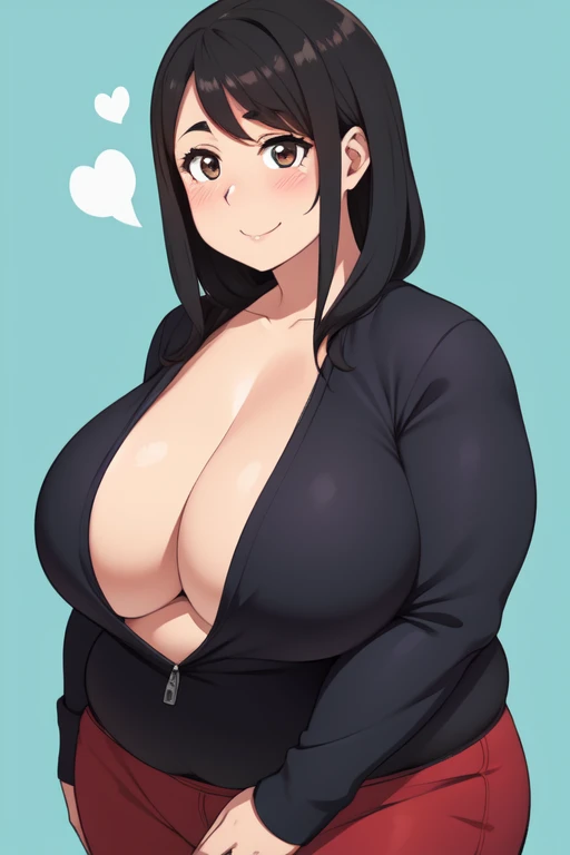 Plump  21 big breasts black hair brown eyes happy longer hair smile blushing deredere 