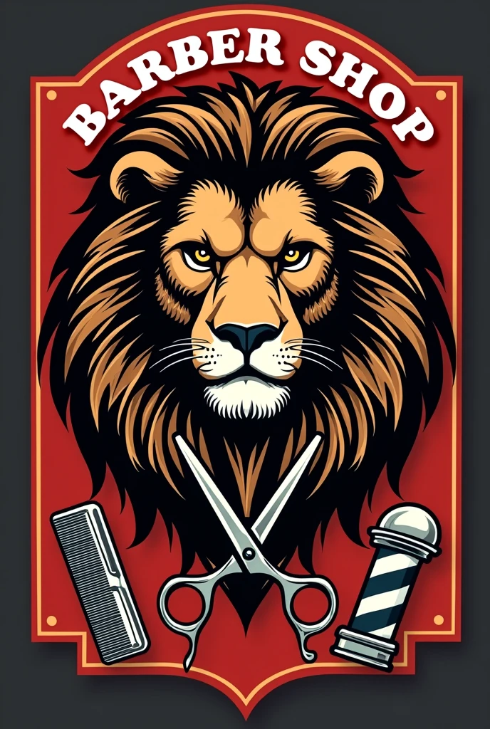 Barber shop logo with lion face, scissors, comb and bottom pole, big name Blade, red, dorado, black high definition 4k