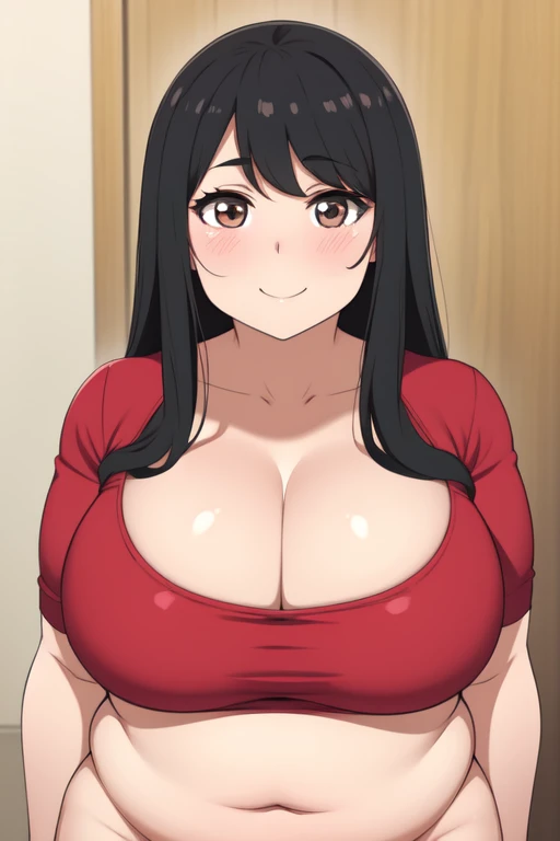 Plump year 21 big breasts black hair brown eyes happy longer hair smile blushing deredere 