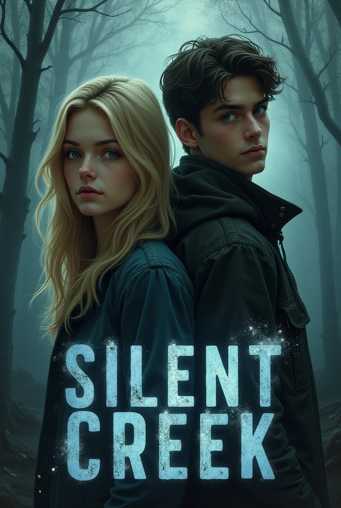Cover for a book about a mysterious town with four protagonists, two male teenagers and two female teenagers, title of the book Silent Creek. Do something Riverdale style. Keep the same image but with one of the blonde girls and one of the boys with a little more mystery in the style of Jughead