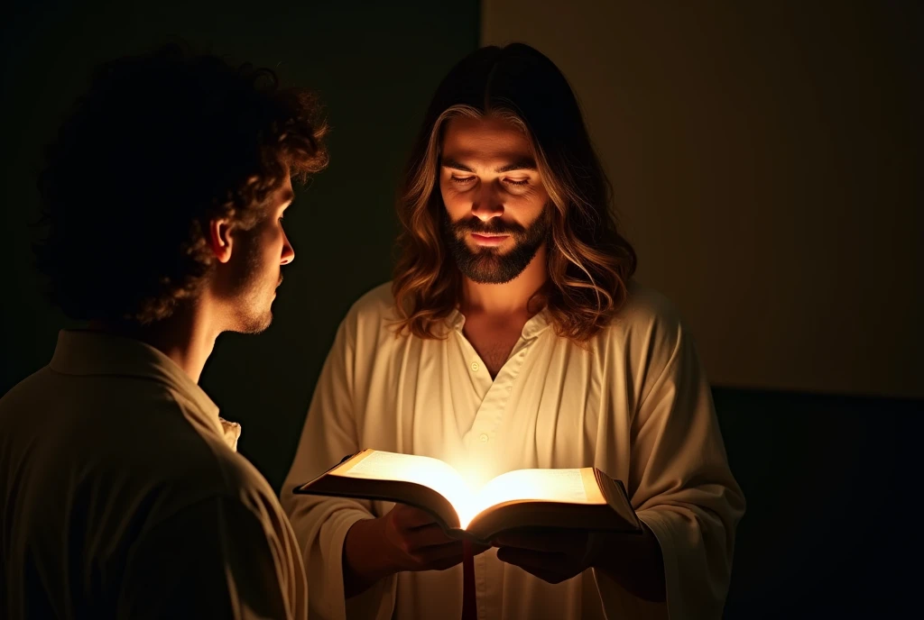 Create an image that shows Jesus with an open Bible pouring light on the text, symbolizing the search for truth. A Man is Reflecting on the Side of the Bible, Demonstrating Introspection about the Faith. best quality, master part, High, 1 dragon,blush, Tyndall effect,Photorealistic, dark studio, rim lighting, two-tone lighting,(highly detailed skin:1.2), 8k hd, DSLR, soft lighting, high quality, volumetric lighting, candid, photography, High resolution, 4K, Bokeh