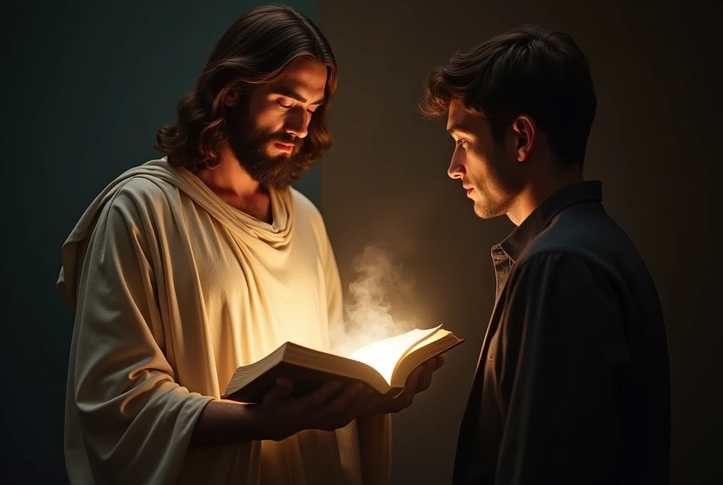 Create an image that shows Jesus with an open Bible pouring light on the text, symbolizing the search for truth. A Man is Reflecting on the Side of the Bible, Demonstrating Introspection about the Faith. best quality, master part, High, 1 dragon,blush, Tyndall effect,Photorealistic, dark studio, rim lighting, two-tone lighting,(highly detailed skin:1.2), 8k hd, DSLR, soft lighting, high quality, volumetric lighting, candid, photography, High resolution, 4K, Bokeh