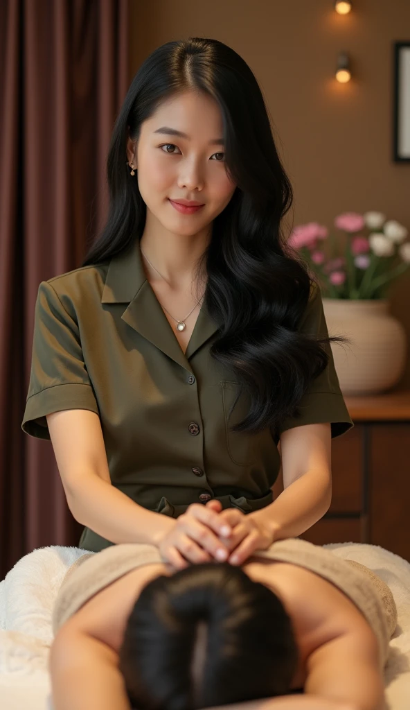 Create an image (High quality),(Highly detailed pattern),(Complexity 5:5),(Professional photographer),Portrait of a woman,Beautiful face,black hair,Dressing in massage staff uniform,(Spa set),(Giving a massage to a customer),(There is massage equipment.),(The customer is lying on the bed.),blurred background,The background is in the novel room. (Brown bed and curtains)