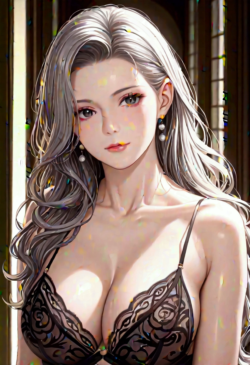 score_9, score_8_superior, score_7_superior, High-resolution CG illustration,A masterpiece in 32K resolution,Highest quality,it is really amazing,Very detailed,Ultra-high resolution,Ultra-realistic,Realistic,Increased depth of field,Cinematic lighting,
Elegant mature Japanese woman,
Shiny silver hair,Wavy long hair,Showing his forehead,god々Beautiful,Ultra-detailed and beautiful face,Sensual look,Beautiful dark brown, moist eyes,Pitch black eyes,Glowing, moisturized skin,Translucent white skin,born々New skin texture,Great proportions,
Elegant wine-red slit dress,spaghetti straps,Deep slit,Detailed and beautiful lace decorations,born地の柔らかな質感,
Black panties,
Black Stockings,
高層ビルの屋superior,Background of big city night scene,
Dramatic Angle,