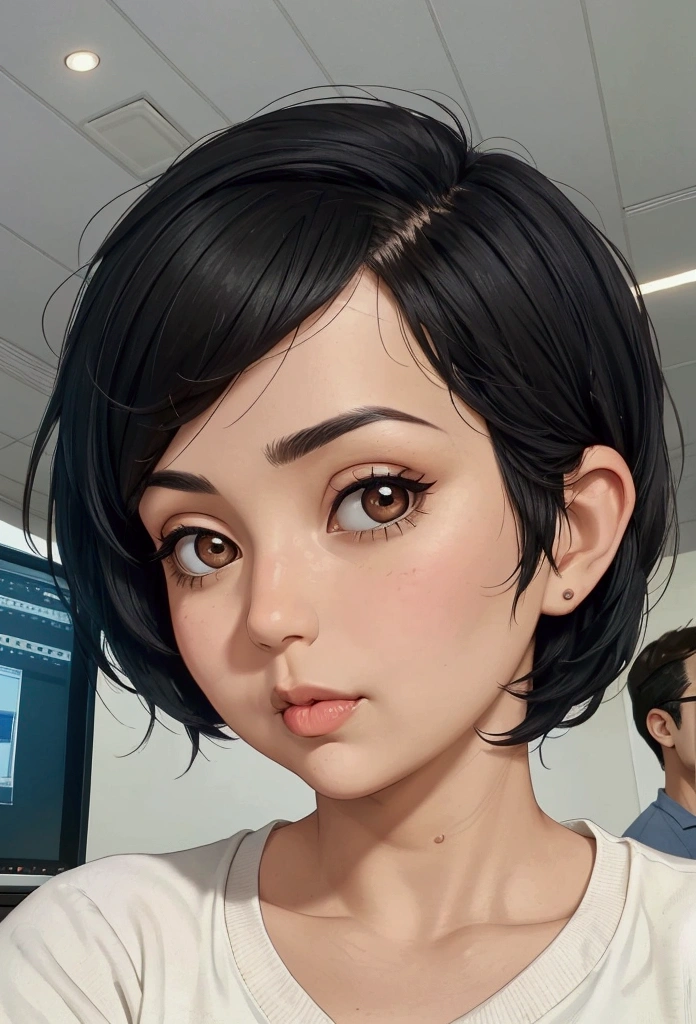 A woman with very short black hair, big round brown eyes, looking at her computer screen, just a little overweight