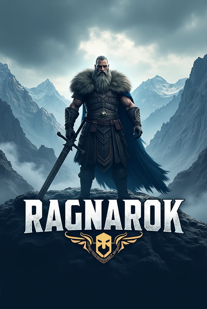 I want a logo for my e-sport team, I want the background to be Nordic themed and have an image of a Viking in the center and the name Ragnarok in the bottom center.
