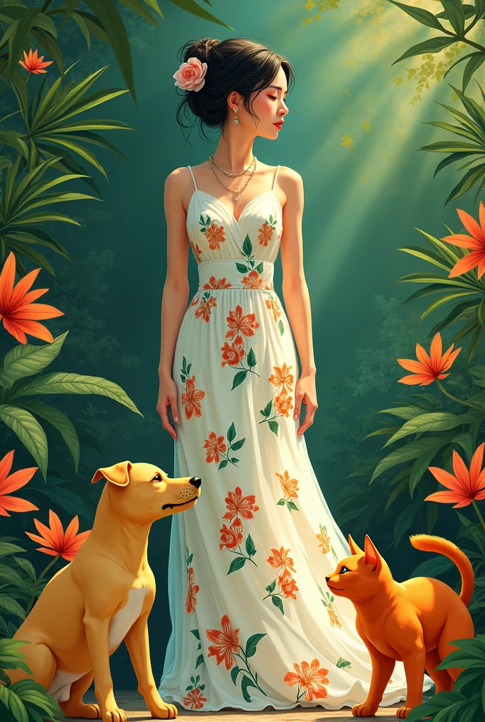 A Brazilian woman with Japanese features in a lush tropical garden, wearing a white floral print dress, with his yellow dog and his orange cat