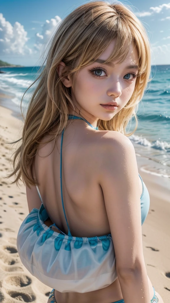 (Best quality,8k),(photorealistic:1.37),gyaru makeup,halter neck swimsuit,big breasts,large eyes,from behind,sunny beach,seashore,sand,waves,blue sky,fluffy clouds,golden hour lighting