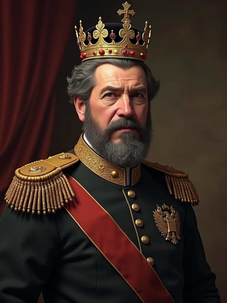 Depict the Armenian emperor with gray hair and mustache and so that he is a little fat with a crown on his head in the style of hoi4 The news order last day Europe and so that only half of his body is visible because this will be the Image of the Country's leader