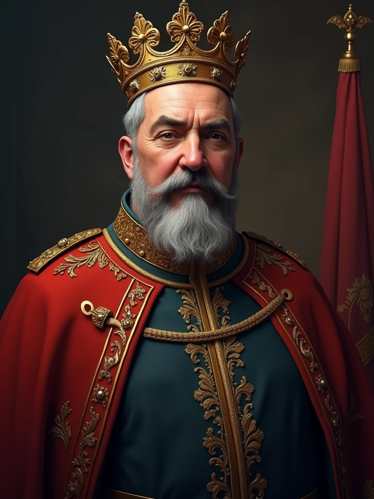 Depict the Armenian emperor with gray hair and mustache and so that he is a little fat with a crown on his head in the style of hoi4 The news order last day Europe and so that only half of his body is visible because this will be the Image of the Country's leader