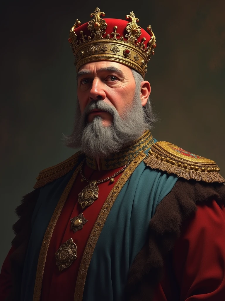 Depict the Armenian emperor with gray hair and mustache and so that he is a little fat with a crown on his head in the style of hoi4 The news order last day Europe and so that only half of his body is visible because this will be the Image of the Country's leader