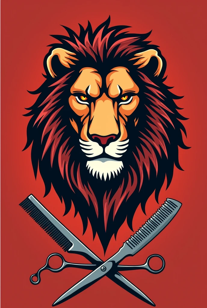 Barber shop logo with lion face, scissors, comb and bottom pole, big name Blade, red, dorado, black high definition 4k 