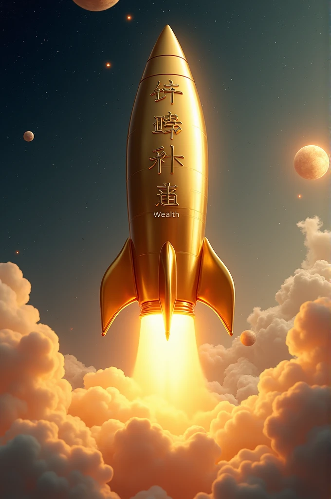 Create an image of a golden rocket with names on it,  as success, 名傌, and wealth 
