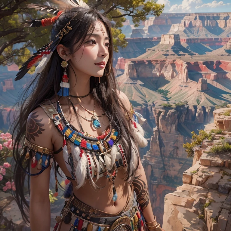 At the Grand Canyon、Hair Flow、 ((Highest quality、masterpiece、8k、Best image quality、Ultra-high resolution、Award-winning works)、(Accurate anatomy:1.1)、(Look at me and smile:1.1)、Shining fair skin with Ultra-high resolution、The most detailed face、Ultra-high resolution detailed face、Ultra-high resolutionの髪の毛、(Ultra-high resolutionの煌めく瞳:1.1)、Beautiful face drawn in every detail、(Blurred Background:1.1)、Native American Costume, American Indian Clothing, Chest to chest, tattoo、A real giant condor next to you。