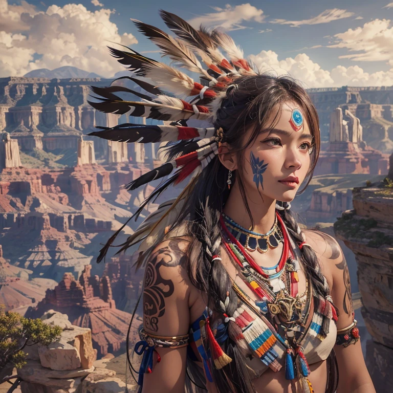 At the Grand Canyon、Hair Flow、 ((Highest quality、masterpiece、8k、Best image quality、Ultra-high resolution、Award-winning works)、(Accurate anatomy:1.1)、(Look at me and smile:1.1)、Shining fair skin with Ultra-high resolution、The most detailed face、Ultra-high resolution detailed face、Ultra-high resolutionの髪の毛、(Ultra-high resolutionの煌めく瞳:1.1)、Beautiful face drawn in every detail、(Blurred Background:1.1)、Native American Costume, American Indian Clothing, Chest to chest, tattoo、A real giant condor next to you。
