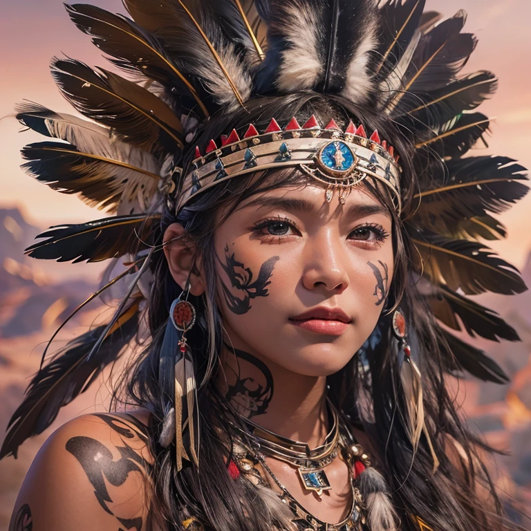 At the Grand Canyon、Hair Flow、 ((Highest quality、masterpiece、8k、Best image quality、Ultra-high resolution、Award-winning works)、(Accurate anatomy:1.1)、(Look at me and smile:1.1)、Shining fair skin with Ultra-high resolution、The most detailed face、Ultra-high resolution detailed face、Ultra-high resolutionの髪の毛、(Ultra-high resolutionの煌めく瞳:1.1)、Beautiful face drawn in every detail、(Blurred Background:1.1)、Native American Costume, American Indian Clothing, Chest to chest, tattoo、A real giant condor next to you。