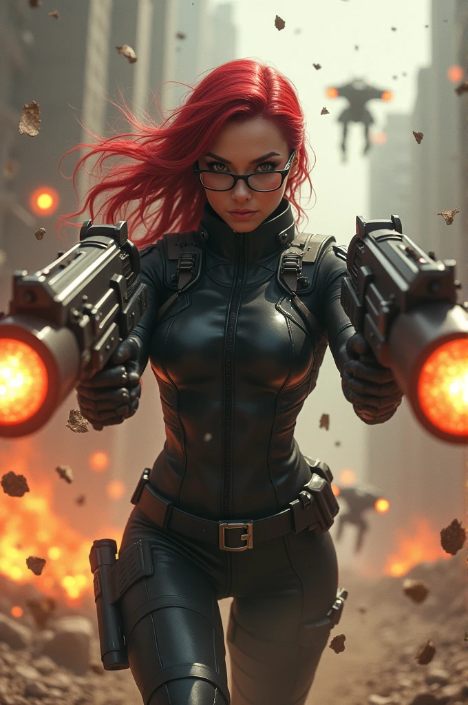 A powerful futuristic woman wearing a black tactical suit, red hair and glasses. He is in an intense action scene, holding large dual-firearms with glowing muzzles, surrounded by a chaotic flying battlefield of debris and explosions. The background is filled with smoke, dust and fire as enemy robots are destroyed in the air, adding to the dynamic and intense atmosphere