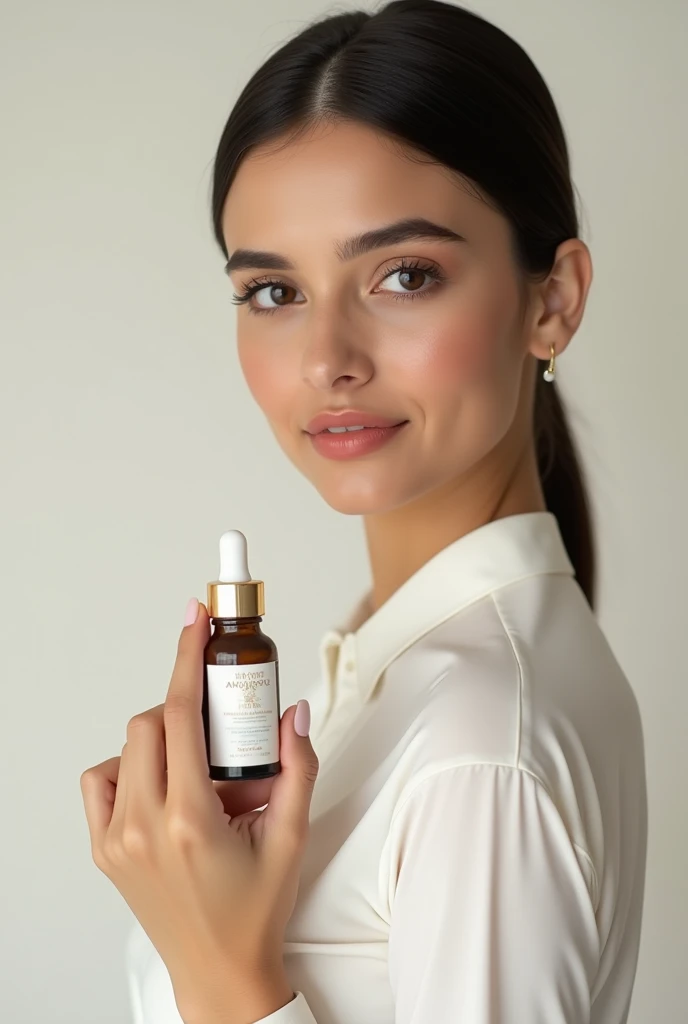 beautiful pakistani model holding 30 ml serum bottle in her hand, 