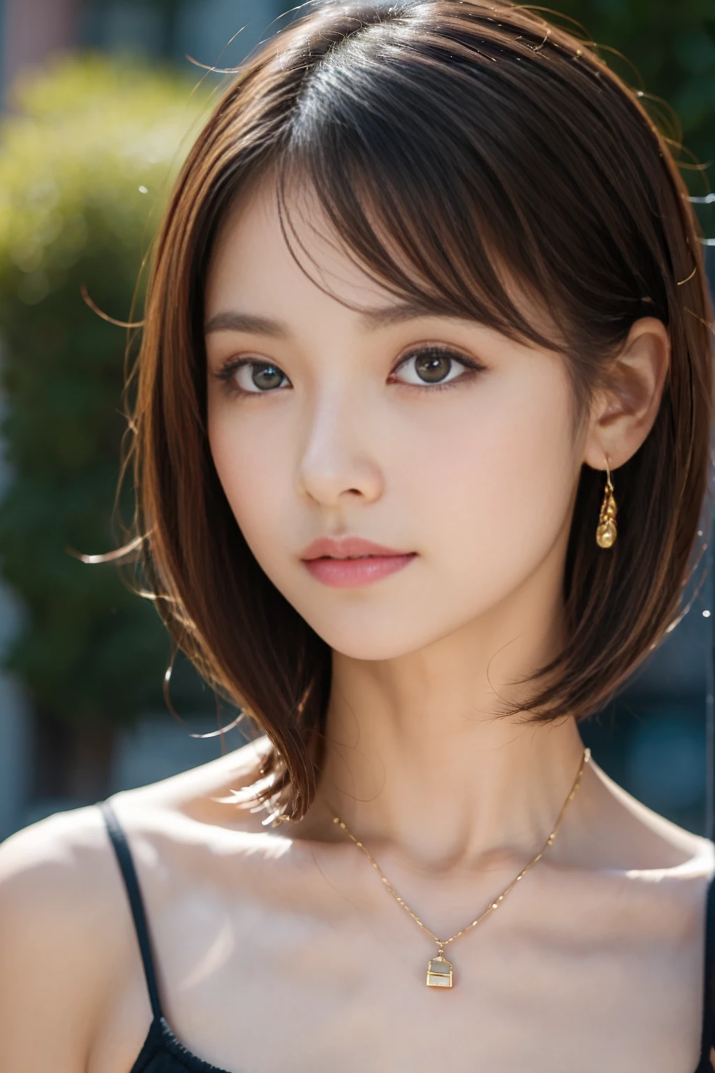 (masterpiece:1.1),(Photorealistic:1.5),(Highest quality:1.2),(Highest quality),(Ultra high definition:1.2),RAW Photos,Tabletop,Very cute girl,Amazingly cute face,Ultra-detailed face,Detailed eyes,Beautiful Eyes,Long eyelashes,double eyelid,Perfect balance,Mid-chest,looking at the camera,Textured skin,Beautiful Skin,Earrings,Natural Lip,light makeup,Very Short Bob,(A knit with an open neckline),The gesture of brushing back hair
