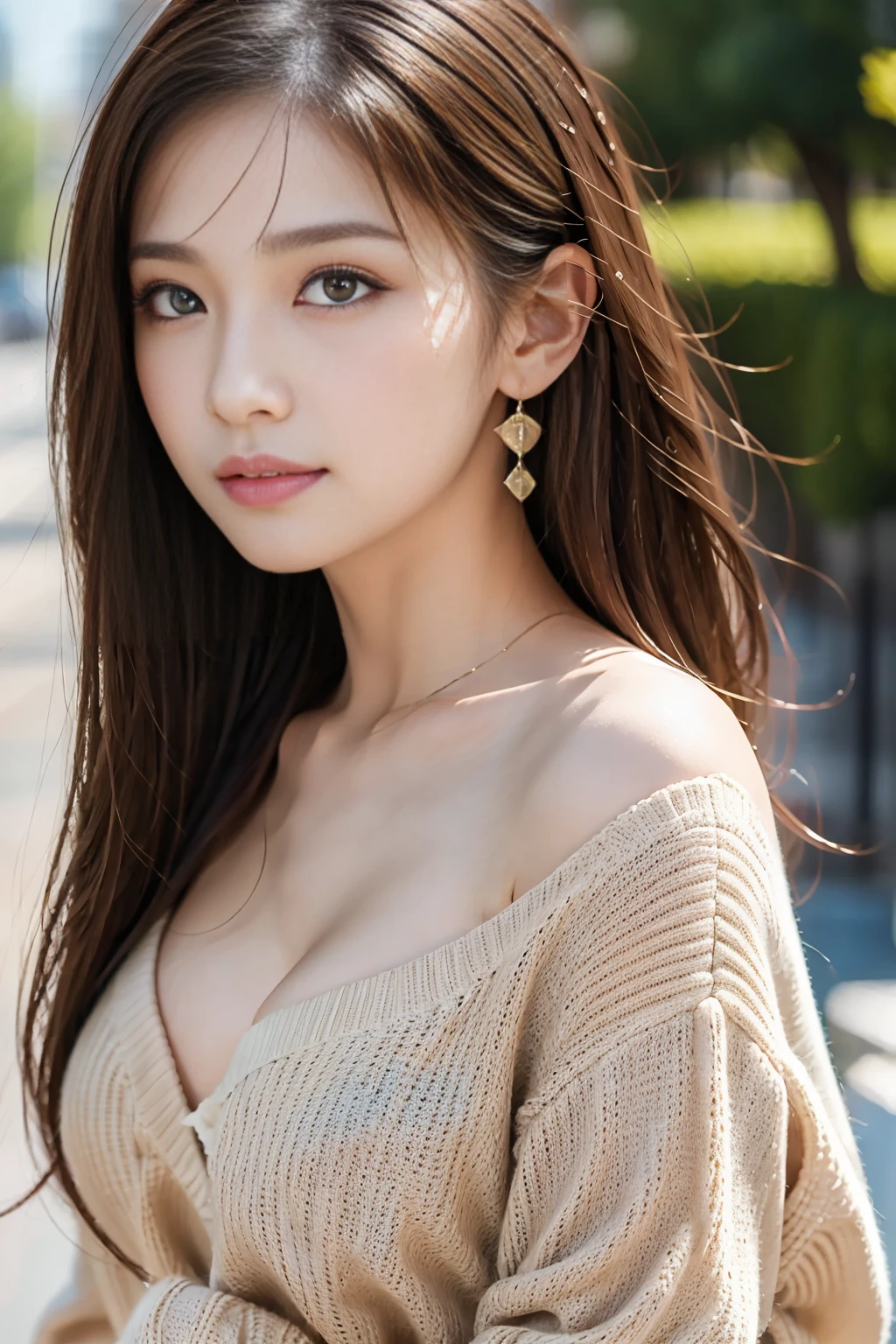 (masterpiece:1.1)，(Photorealistic:1.5)，(Highest quality:1.2)，(Highest quality)，(Ultra high definition:1.2)，RAW Photos，Tabletop，Very cute girl，Amazingly cute face，Ultra-detailed face，Detailed eyes，Beautiful Eyes，Long eyelashes，double eyelid，Perfect balance，Mid-chest，looking at the camera，Textured skin，Beautiful Skin，Earrings，Natural Lip，light makeup，Very Short Bob，(A knit with an open neckline)，The gesture of brushing back hair