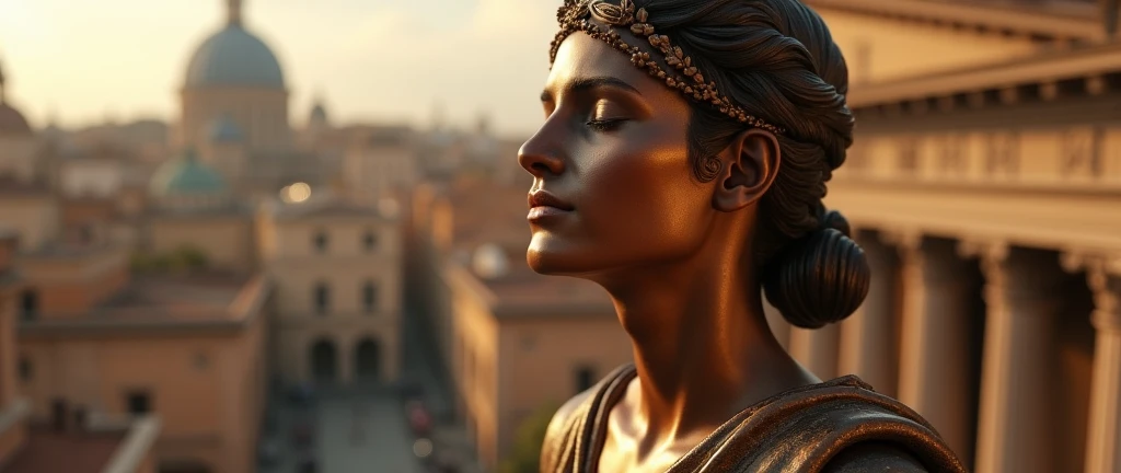 the close-up face and shoulder of a muse with her eyes closed, roman robes, the tanned city of rome, metallic color of the woman's face in the background, infinite background, hyperrealistic bronze sculpture