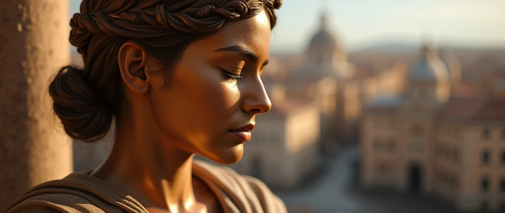 the close-up face and shoulder of a muse with her eyes closed, roman robes, the tanned city of rome, metallic color of the woman&#39;s face in the background, infinite background, hyperrealistic bronze sculpture