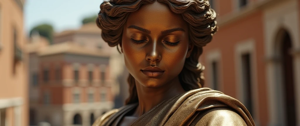 the close-up face and shoulder of a muse with her eyes closed, roman robes, the tanned city of rome, metallic color of the woman&#39;s face in the background, infinite background, hyperrealistic bronze sculpture