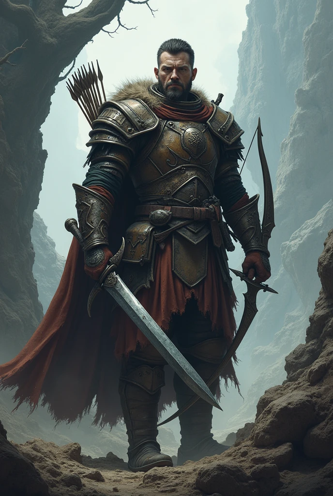 30-year-old warrior in video game style and serious, armed to hunt a dragon that ate his wife