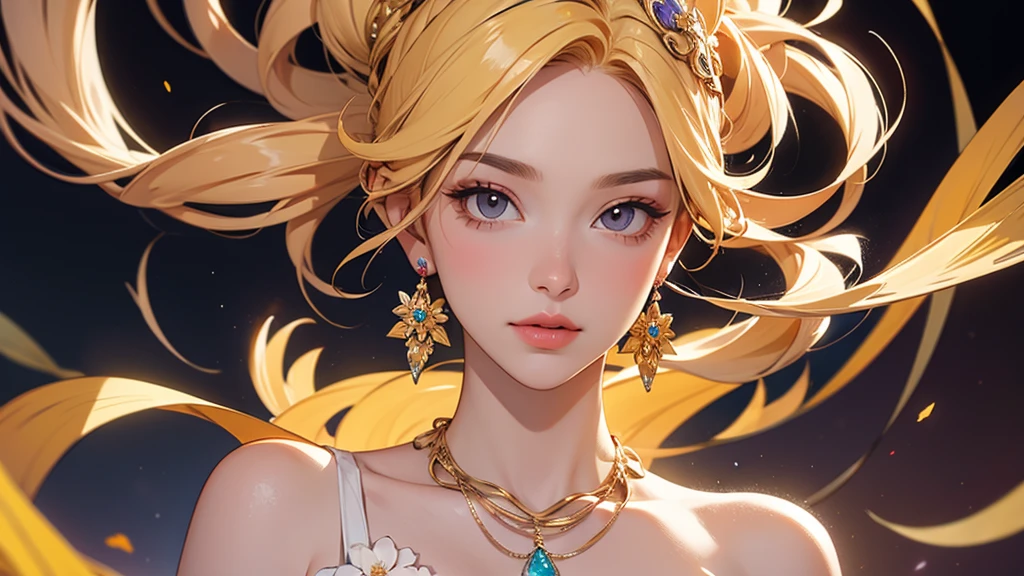 32K, 最高quality, 最高masterpiece, (ultra-Detailed Background, Detailed Background), High resolution, Super detailed, Very detailedな, 1 personの, (bouquet:1.3), (Tangled:1.2), (Geometric:1.2),(colorful),(masterpiece, quality, best quality, Official Art, Beautiful and beautiful:1.2), (1 person:1.3), Very detailed,(colorful:1.1)(Flowers:1.3),Most detailed,(Tangled:1.2), whole body, (Abstract background:1.3), (Skin glows), (Many colors:1.4), ,(Earrings Jewelry:1.5), Yellow background, It's imaginative., Milk tea colored hair, Updo,