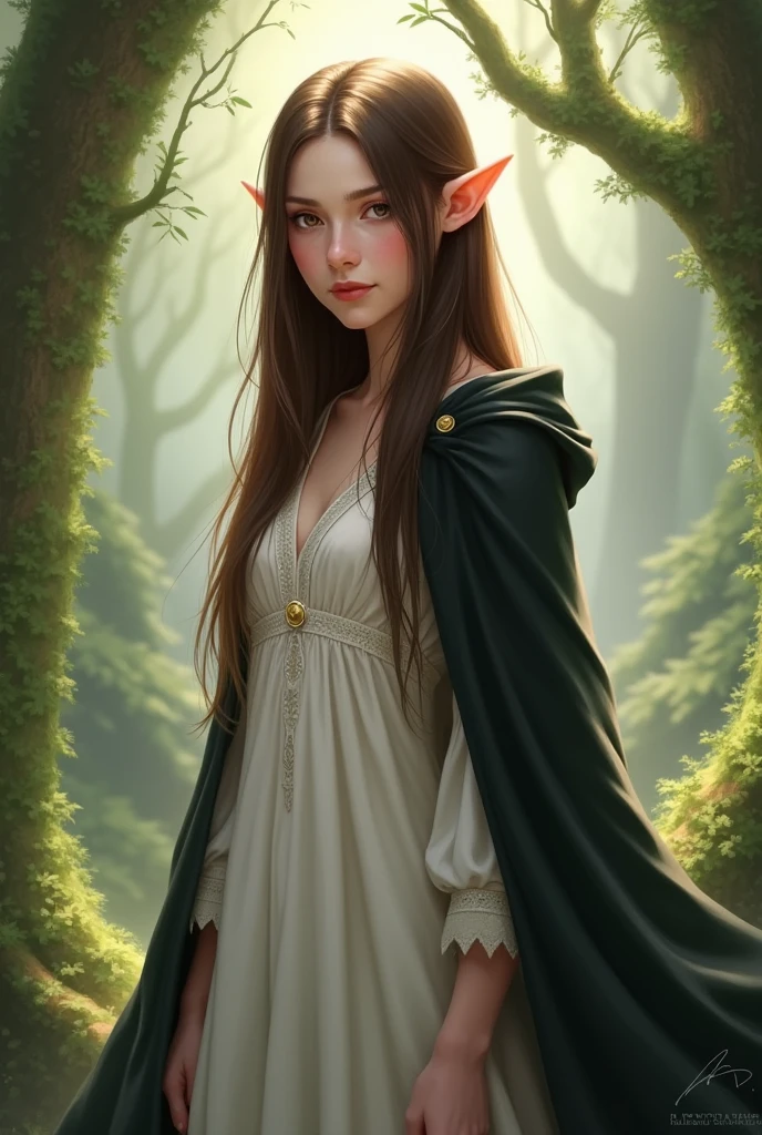 Sweet elf with brown long smooth hair. White dress. whole body. elf ears. young adult woman. black cape  with white dress. in a forest. straight hair. Straight hair. pointed elf ears. white tunic with leather pants. Elf 