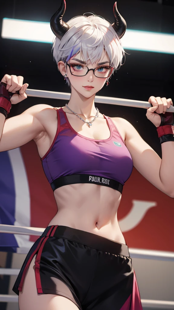 8k, masterpiece, best quality, highly detailed, 1 girl, tiefling, pixie cut, multicolored hair, very short straight hair red highlight hair on white hair, strippled hair, wearing glasses, round glasses, earrings, navel piercing, red eyeshadow, long eyelashes, blushed cheek, red lips, pearl necklace, rings, collarbone, mole on face, glamorous, teal and purple clothes, sleeveless, sport skirt, sport bra, smirk, close up view, rings, looking at viewer, demon horns, boxing gym, boxing glove, MMA 