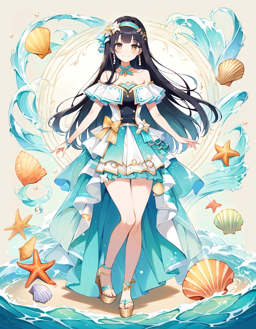 Woman, cute, adorable, full body, smiling, straight hair, long hair, black hair, standing,
Marine Melody Idol-inspired costume, featuring motifs of seaside dreams with shells and starfish, with a color palette of turquoise and sun yellow,
(one-piece), costume includes a fitted top with shell-shaped embellishments and starfish motifs in shimmering turquoise and gold, neckline is off-the-shoulder, adorned with delicate ruffles,skirt is a flowing, ankle-length design with layers of chiffon and satin, creating a breezy, oceanic effect, hemline features embroidered waves and pearl accents, platform sandals, Accessories include a headband and starfish earrings,