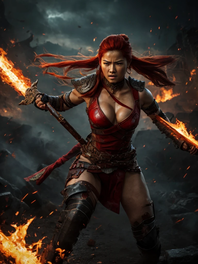 a realistic photo A fiercely determined, nude (without any clothing or underwear), red-haired female Korean warrior, her athletic form a testament to her barbarian heritage. She leaps from a precarious height, muscles coiled like a crimson comet, her eyes blazing with a warrior's ferocity. Only Her both hands and thigh covered up with armor, she handles a sword with the ease of an extension of her body. The weapon, a mighty blade with an intricate, serrated edge, is held aloft with both hands, poised to deliver a devastating blow. Her crimson tresses stream behind her, a stark contrast to the smoke-filled, chaotic battleground below, where the fiery embers of war dance and collide with the shadows of combat. Her armor, a blend of metal and leather, is adorned with the primitive symbols of her tribe, each piece a testament to battles won and foes vanquished. The scene is a whirlwind of frenzied action, with soldiers clashing in the fiery maelstrom, their screams and the clanging of steel lost in the cacophony of war. The warrior's expression is one of unbridled rage, her teeth bared and her full, firm breasts heaving with the effort of her leap, her vagina slightly visible. Her strong, bare arms are covered in intricate tribal tattoos that seem to pulse with the heat of the battle, and the flaming backdrop casts an ominous glow upon her battle-hardened body. As she descends, ready to slash, the air crackles with anticipation, the very essence of unbridled power and the unquenchable spirit of the barbarian., low-angle shot, vibrant color grading, bokeh, adventure