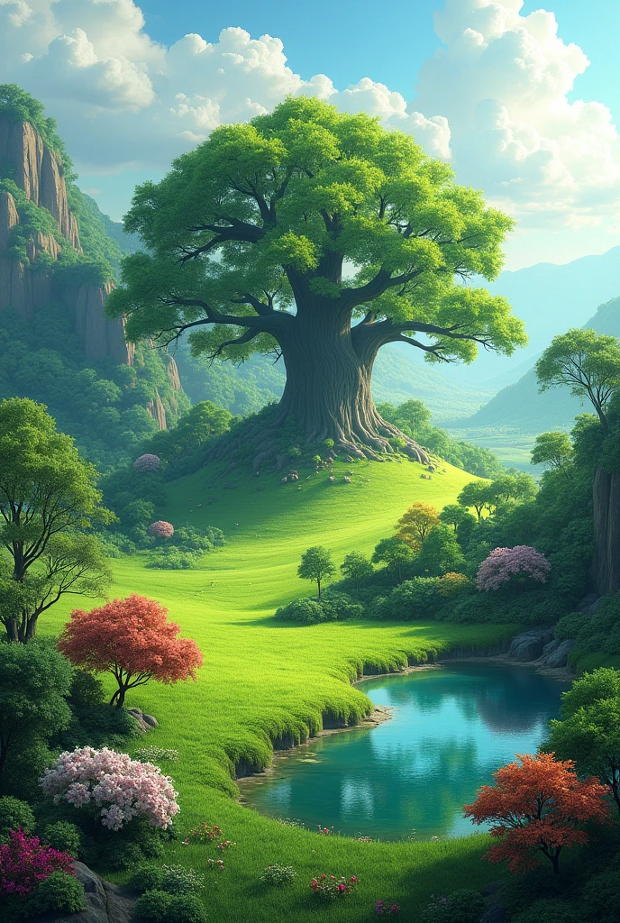 A green grassy field, several flowering trees, a large banyan tree, a large pond beside it, high and low land.