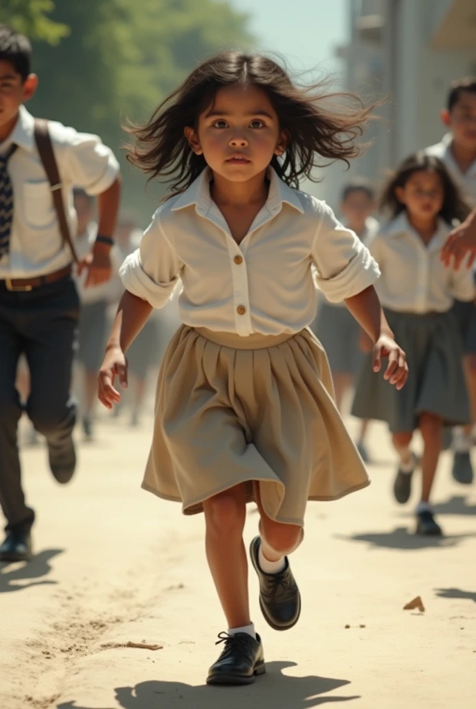 White-skinned girl running and about to fall (Salvadoran and wearing a white shirt and beige skirt and black formal shoes )