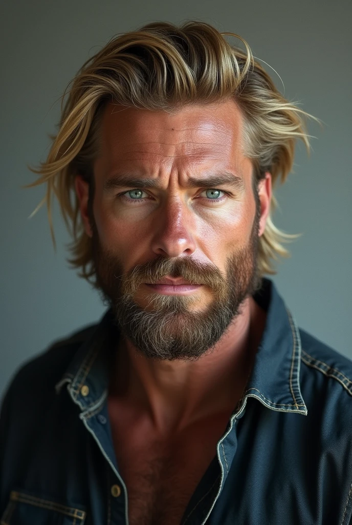 Blond man with blue eyes and beard
