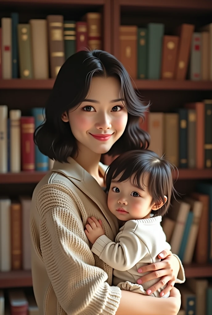 The background is a bookshelf. A woman holding a child. The child is one and a half years old. The woman is looking forward. The woman is a Korean idol with a bob hairstyle. The woman is smiling.