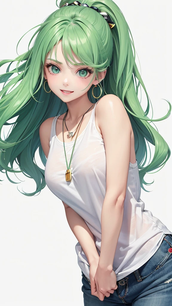 Best Quality,High resolution,8k,(plain white background, no patterns, no textures, just a plain white background:1.3),Masterpiece:1.2),beautiful girl,Glossy, dark green hair,messy hair,Green Eyes,oversized graphic tee with a cheerful design, paired with pre-ripped jeans, colorful cotton fabric with a subtle pattern, casual sneakers with a pop of color, Accessories include a playful pendant necklace and colorful stud earrings,Gentle look,A refreshing look,smile,Best quality,Best Quality,Aesthetic and aesthetic:1.2,Best details((Super detailed))(High-definition CG illustrations),Slender body,smile,blush,cute,Scrounge,Looking up,Being spoiled,super model