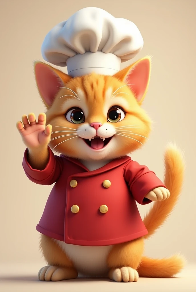 a cute smiling chef cat, full body, wearing a chef hat and red shirt, look at directly at the camera, paw rise,