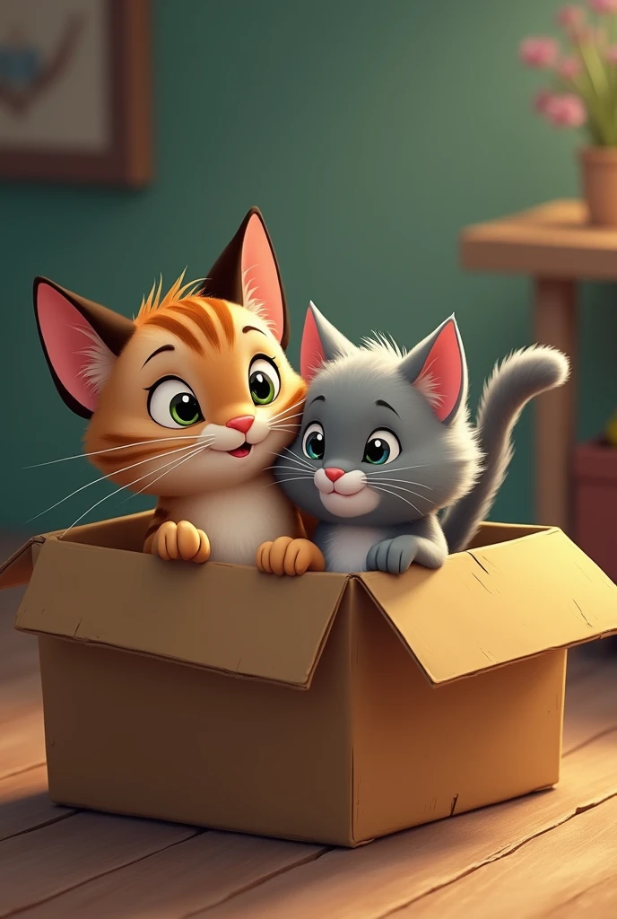 two cats inside a brown box with their tails up, one gray and one Siamese Disney style