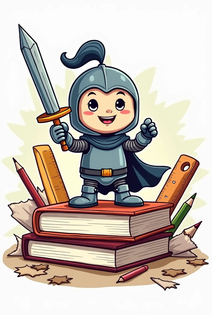 A round-shaped logo that is a cartoon and that has a knight holding a pencil as a sword and is standing on top of a book in a smiling manner with utensils such as pencils in the background., rulers and sheets of paper
