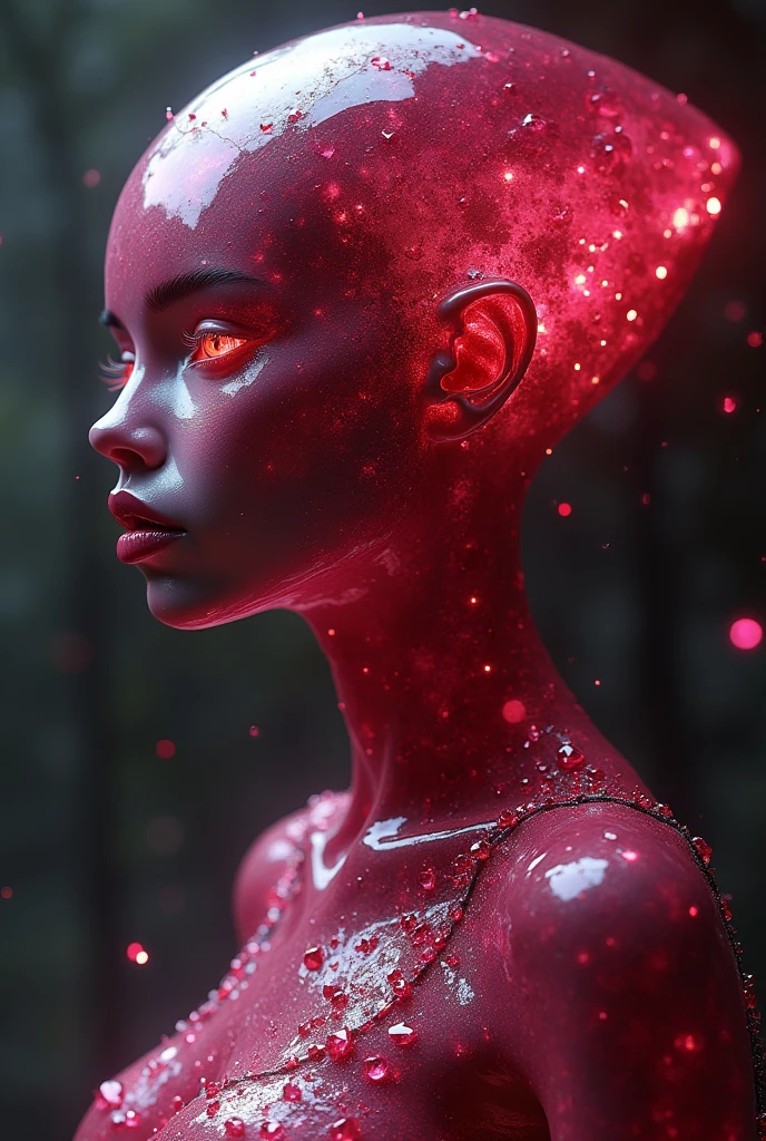 a highly expressive ruby gemstone female humanoid alien golem, 8k, fantasy art, beautiful ruby gemstone woman, extremely detailed face and body, intricate ruby gemstone textures, glowing ruby gemstone skin, elaborate ruby gemstone jewelry, dramatic lighting, hyper realistic, cinematic, masterpiece, digital painting