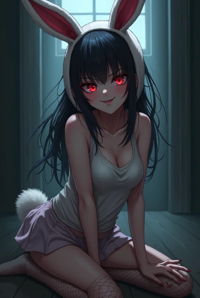 An evil smirking  anime girl in a bunny costume